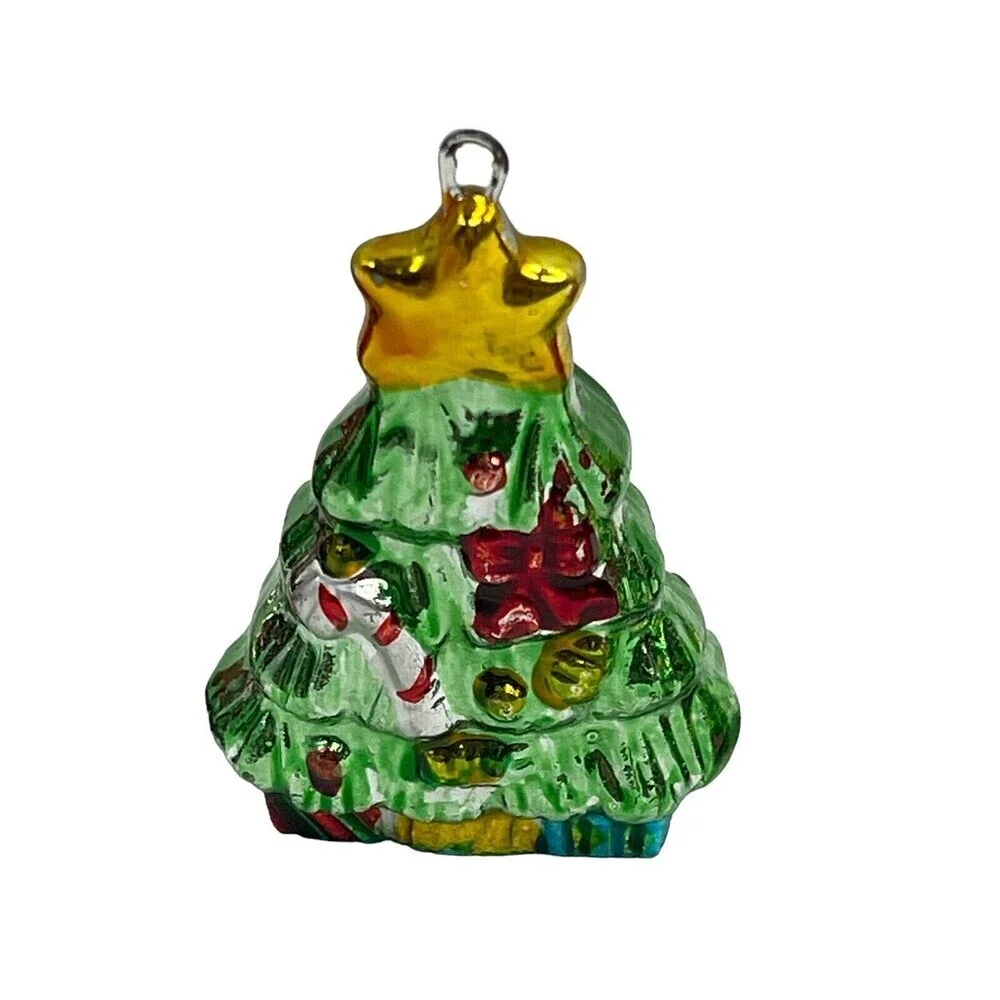 Vintage Glass Santa Holding Doll and Gifts Tree  Penguin Metallic Paint
